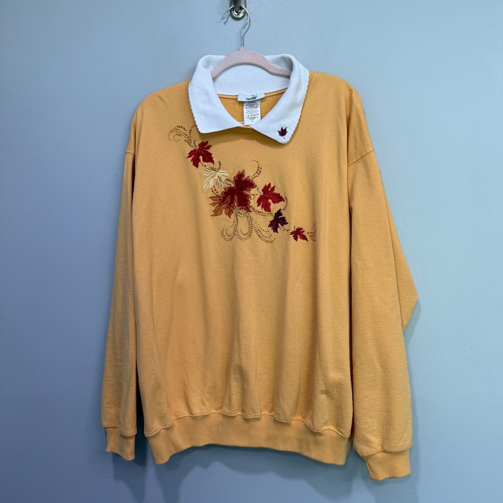 Country Store Womens Plus 3X Mustard Yellow Fall Leaf Embroidered Sweatshirt
